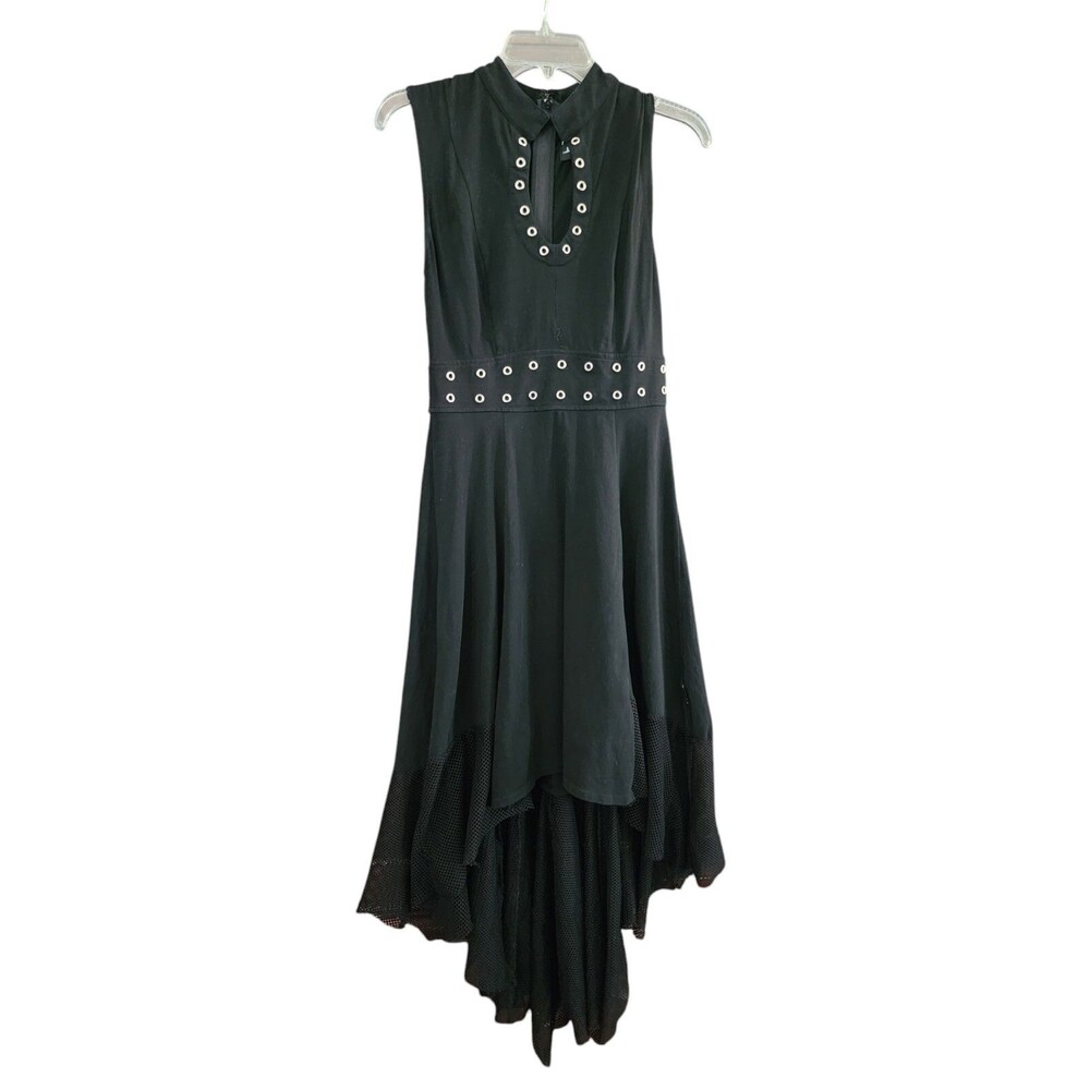 TRIPP NYC Black Grommet Fit Flare Skater Dress Goth M High Low Emo Sleeveless